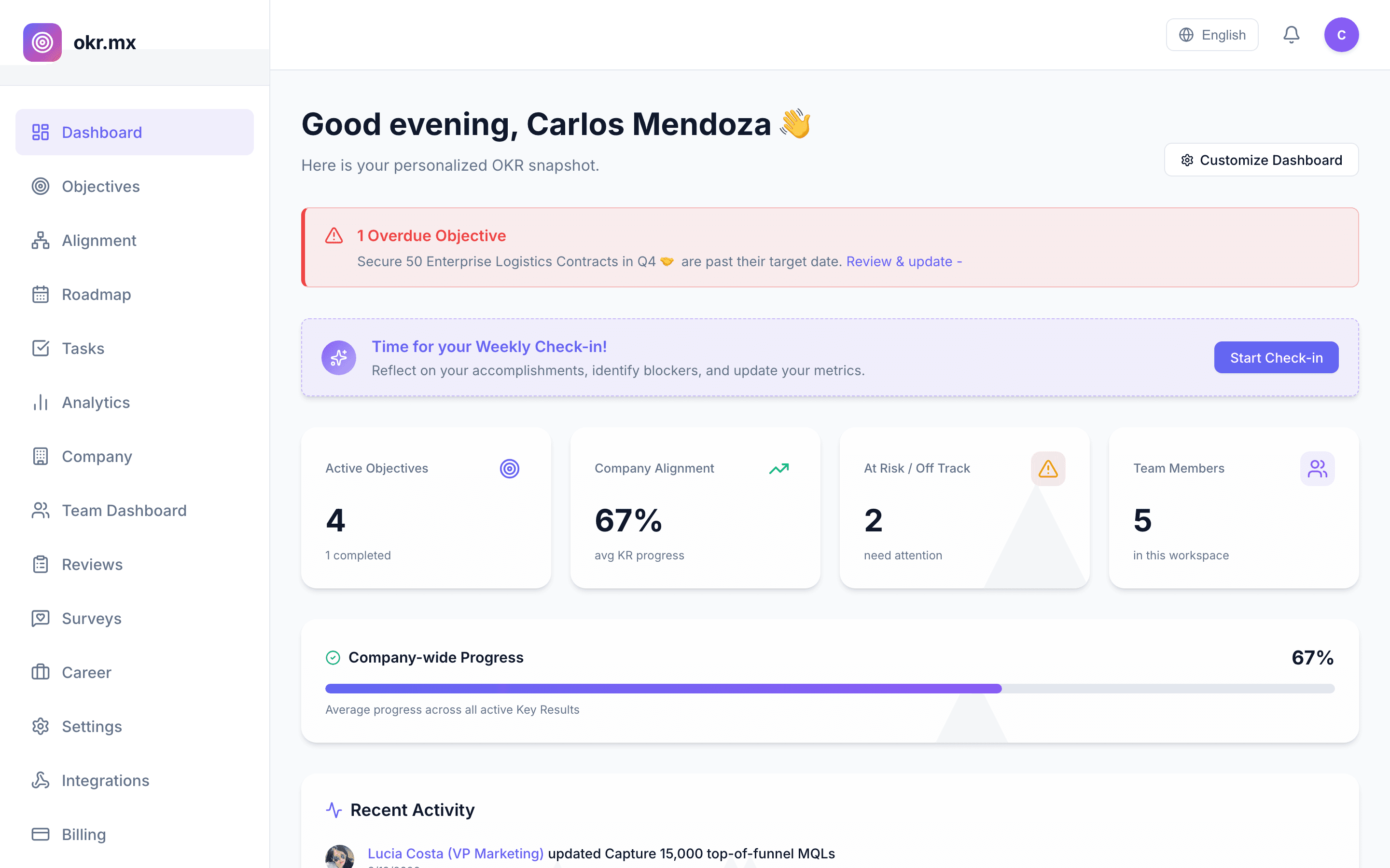 okr.mx Company Dashboard Screenshot