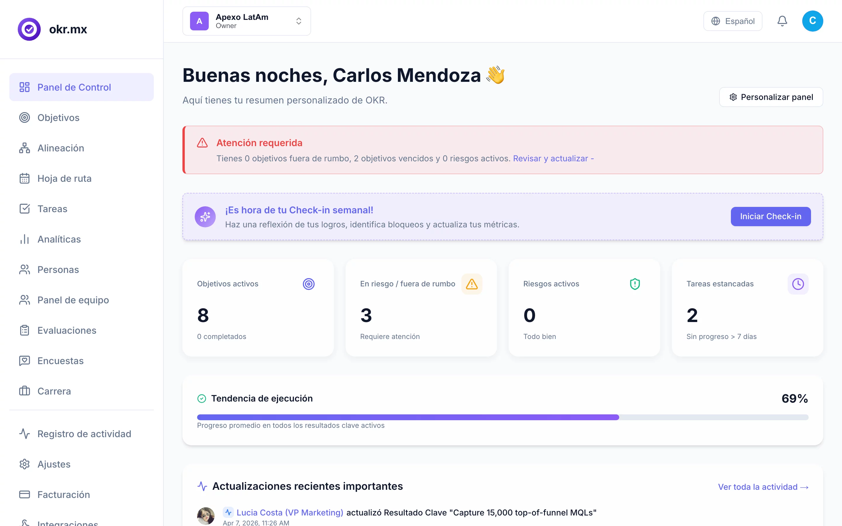 okr.mx Company Dashboard Screenshot