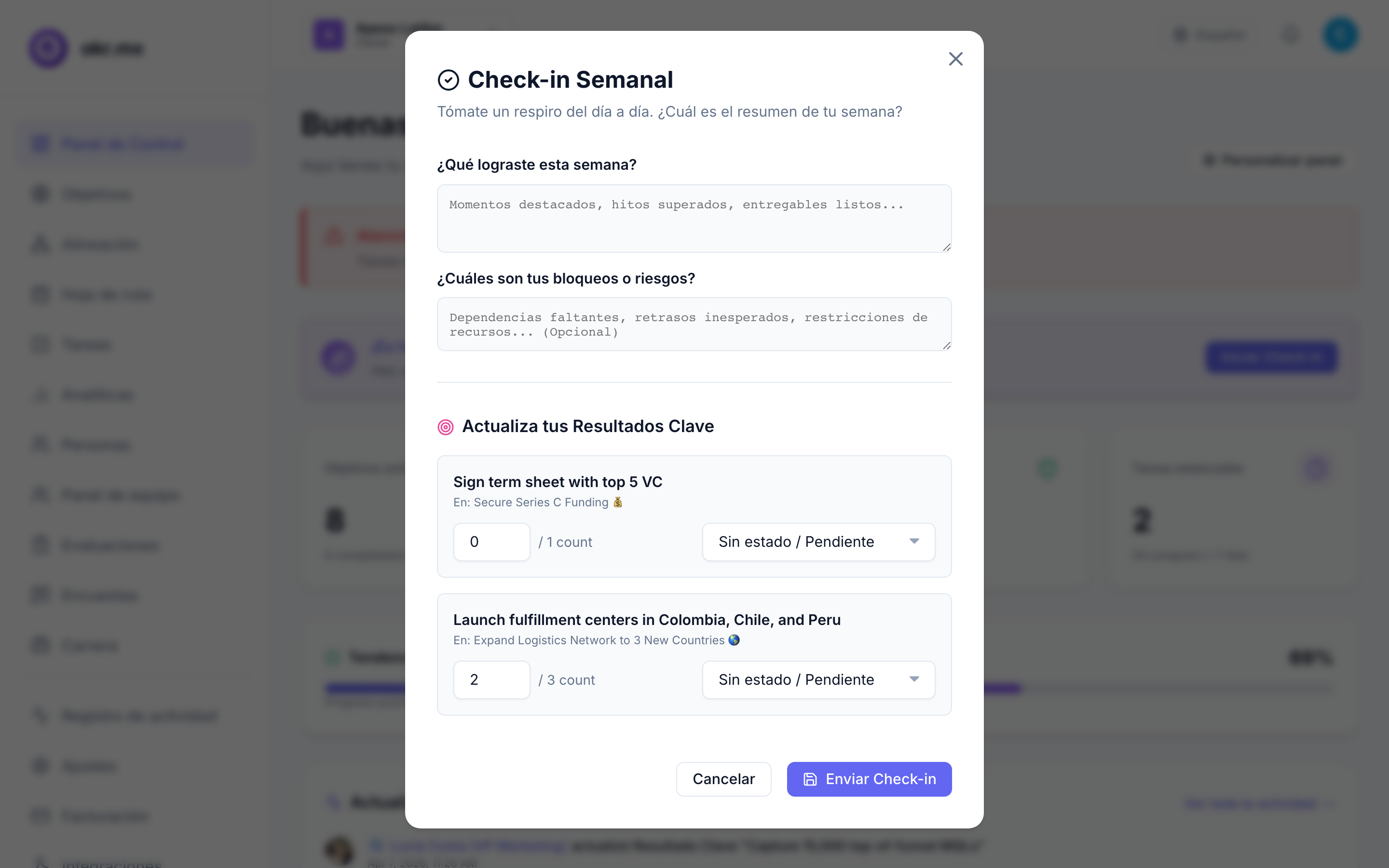 Interfaz de Check-ins Semanales