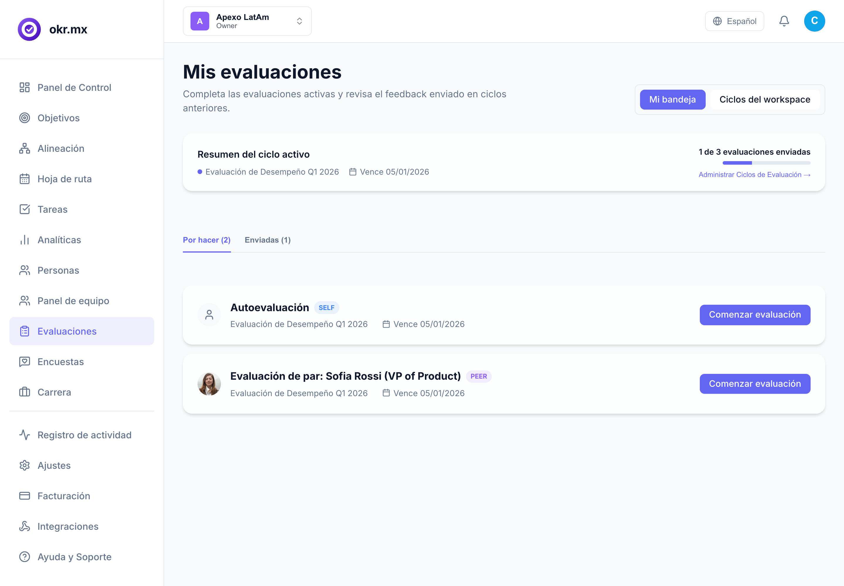 Interfaz de Evaluaciones de Desempeño